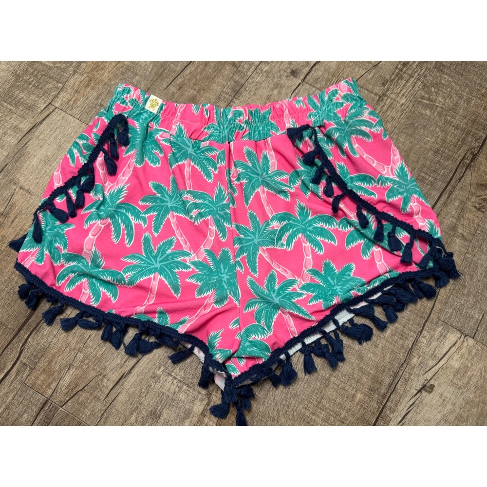 Simply Southern Pink Palm Tree Tassel Trim Shorts Womens Size S/M Tropical Beach